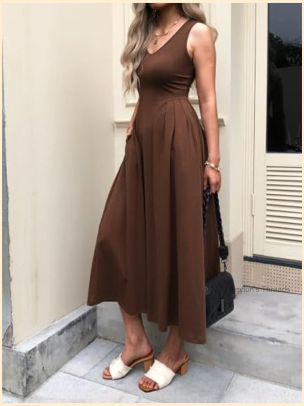 Women Sleeveless Midi A-Line Dress with Pockets - Picture 3 of 7